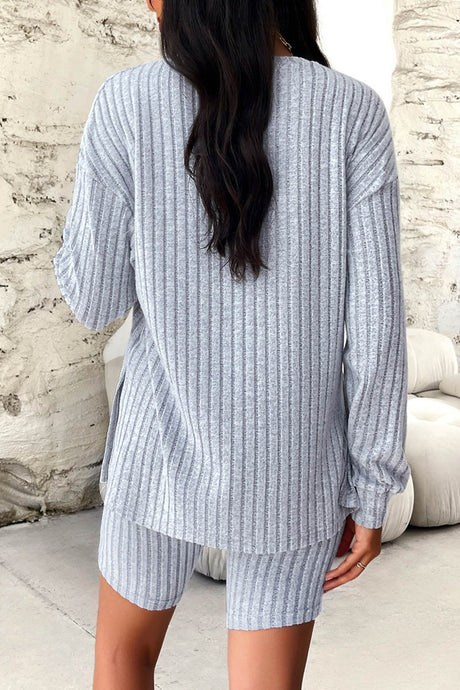 Solid Ribbed Knit Tops Shorts Set