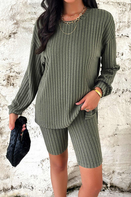 Solid Ribbed Knit Tops Shorts Set