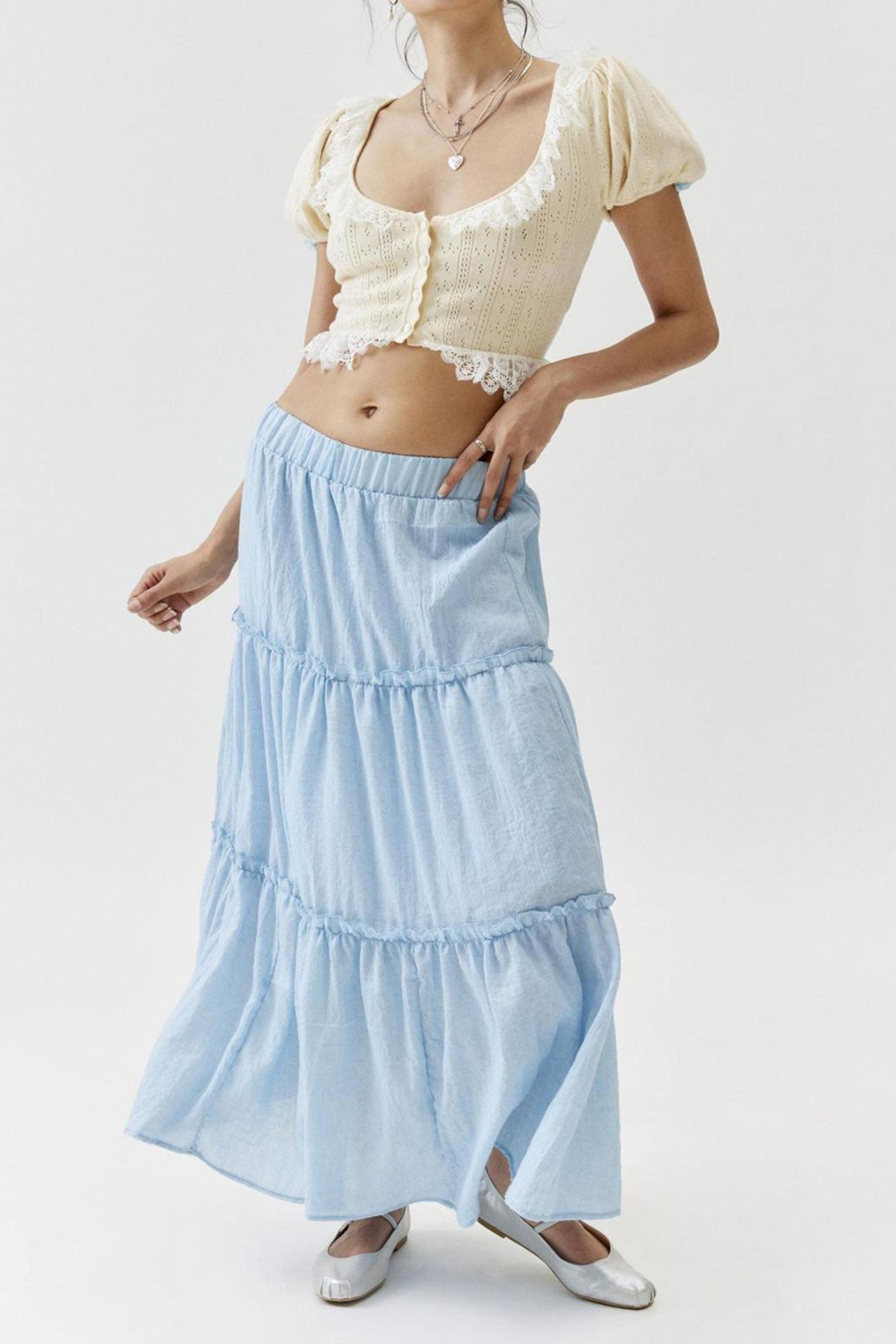Solid Ruched Tiered Midi Skirt