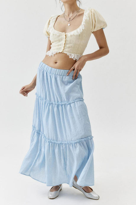 Solid Ruched Tiered Midi Skirt