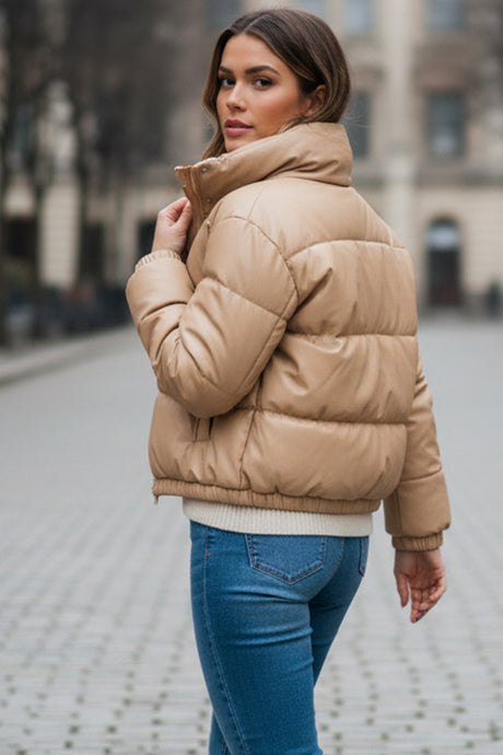 Solid Stand Collar PU Cotton Jacket