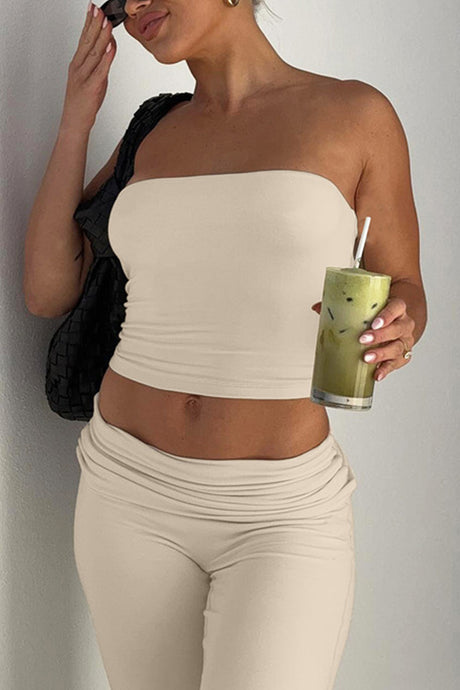 Arolora Solid Tube Top Stacking Flare Pants Set