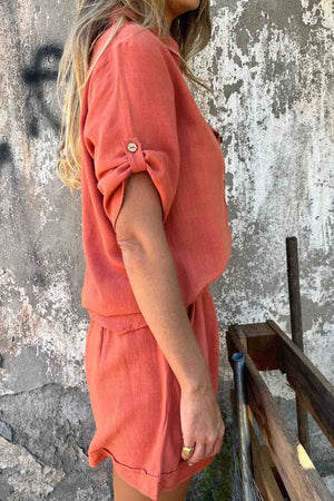 Solid Color Button Down Half Sleeve Shorts Set