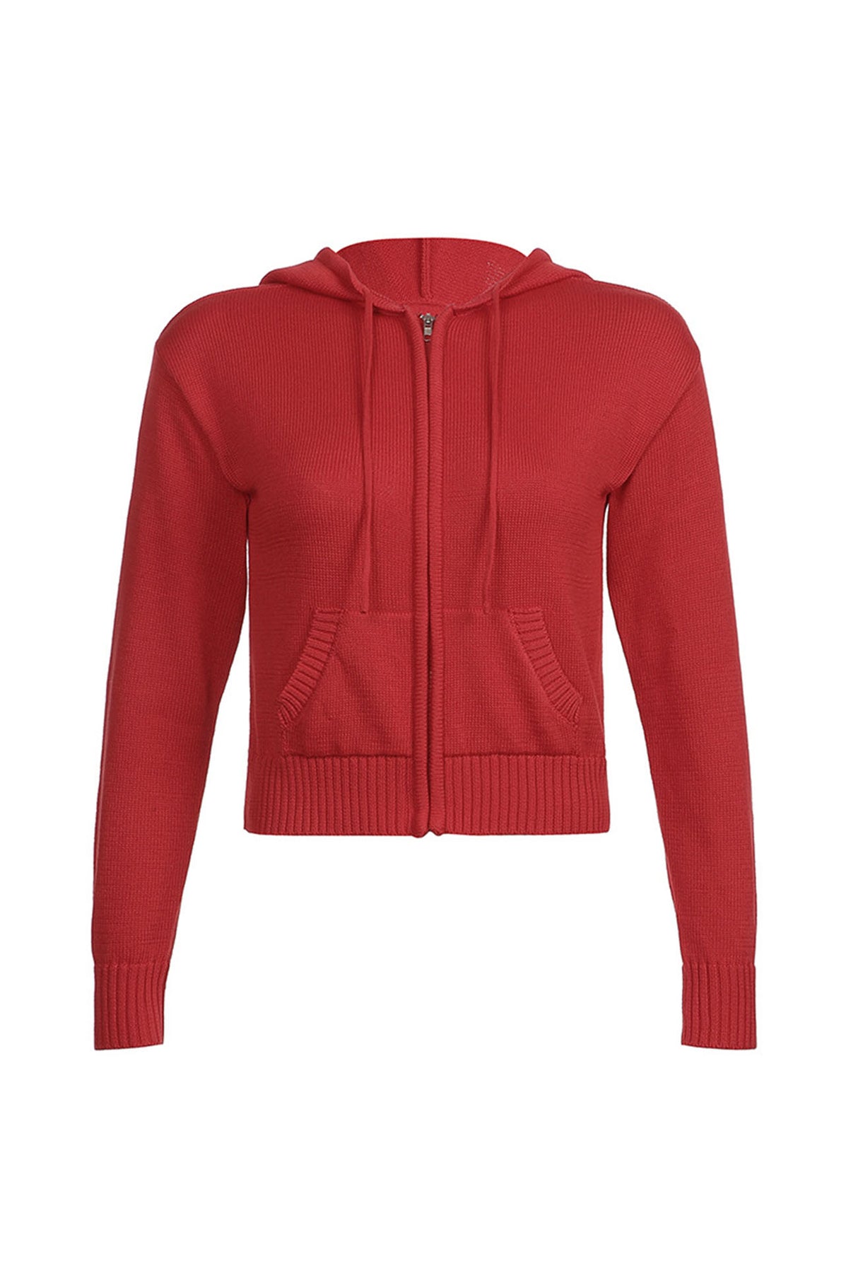 Solid Color Hooded Pocket Zip-Up Cardigan