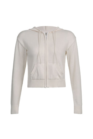 Solid Color Hooded Pocket Zip-Up Cardigan