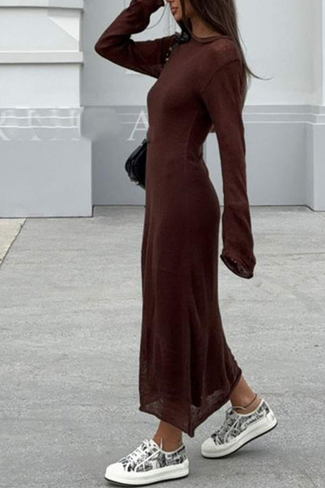 Arolora solid-color-knitted-semi-sheer-maxi-dress-set