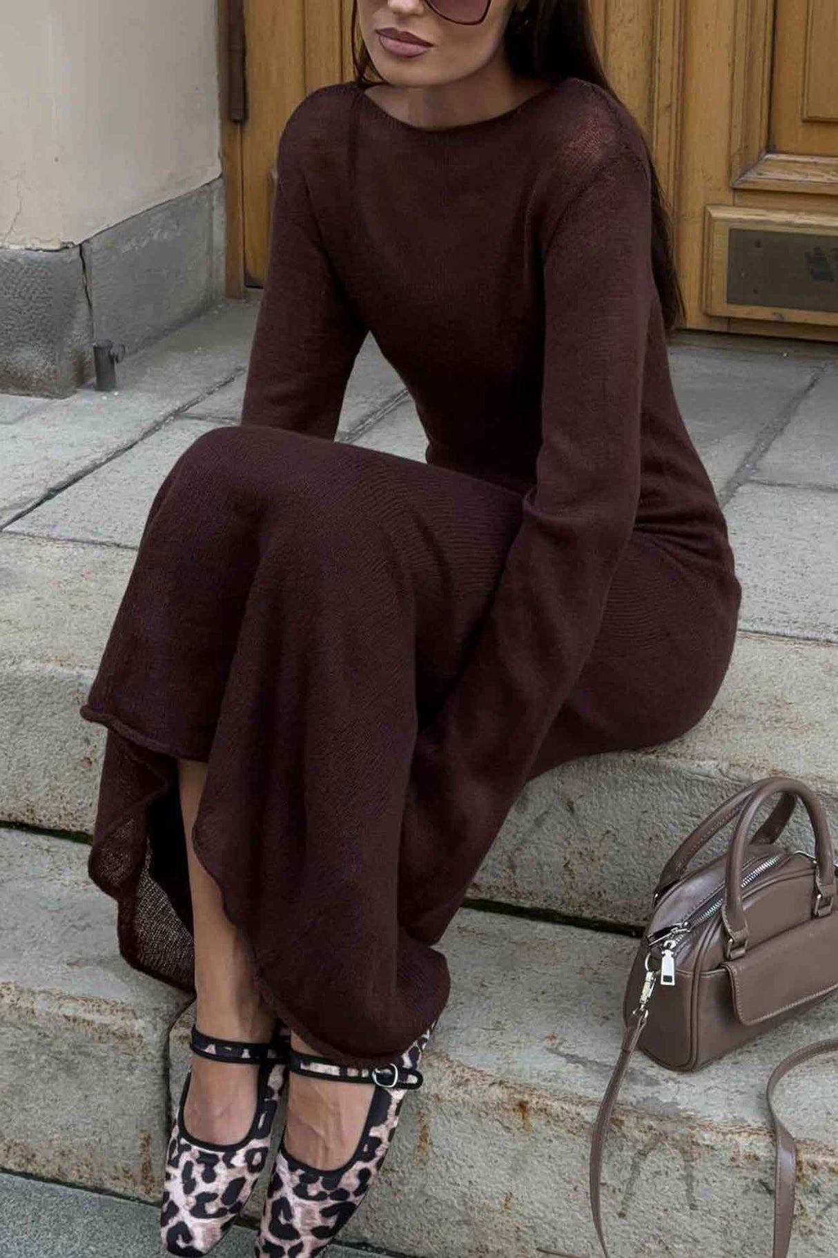 Arolora solid-color-knitted-semi-sheer-maxi-dress-set