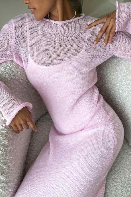 Arolora solid-color-knitted-semi-sheer-maxi-dress-set