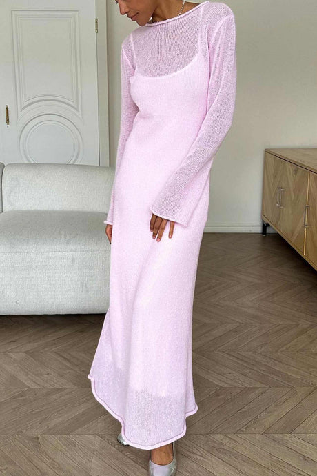 Arolora solid-color-knitted-semi-sheer-maxi-dress-set