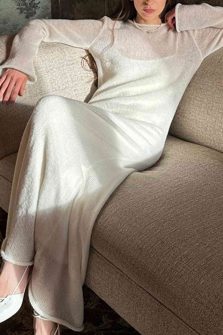 Arolora solid-color-knitted-semi-sheer-maxi-dress-set