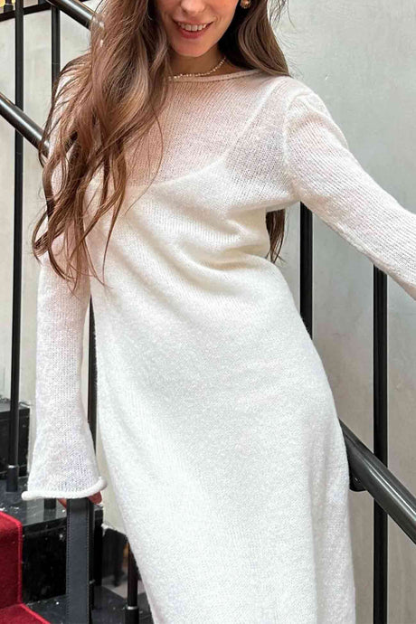 Arolora solid-color-knitted-semi-sheer-maxi-dress-set