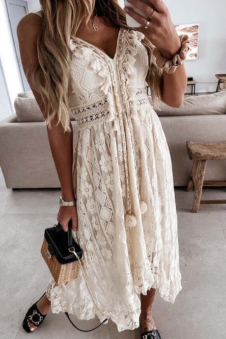 Solid Color Lace V Neck Cutout Cami Dress