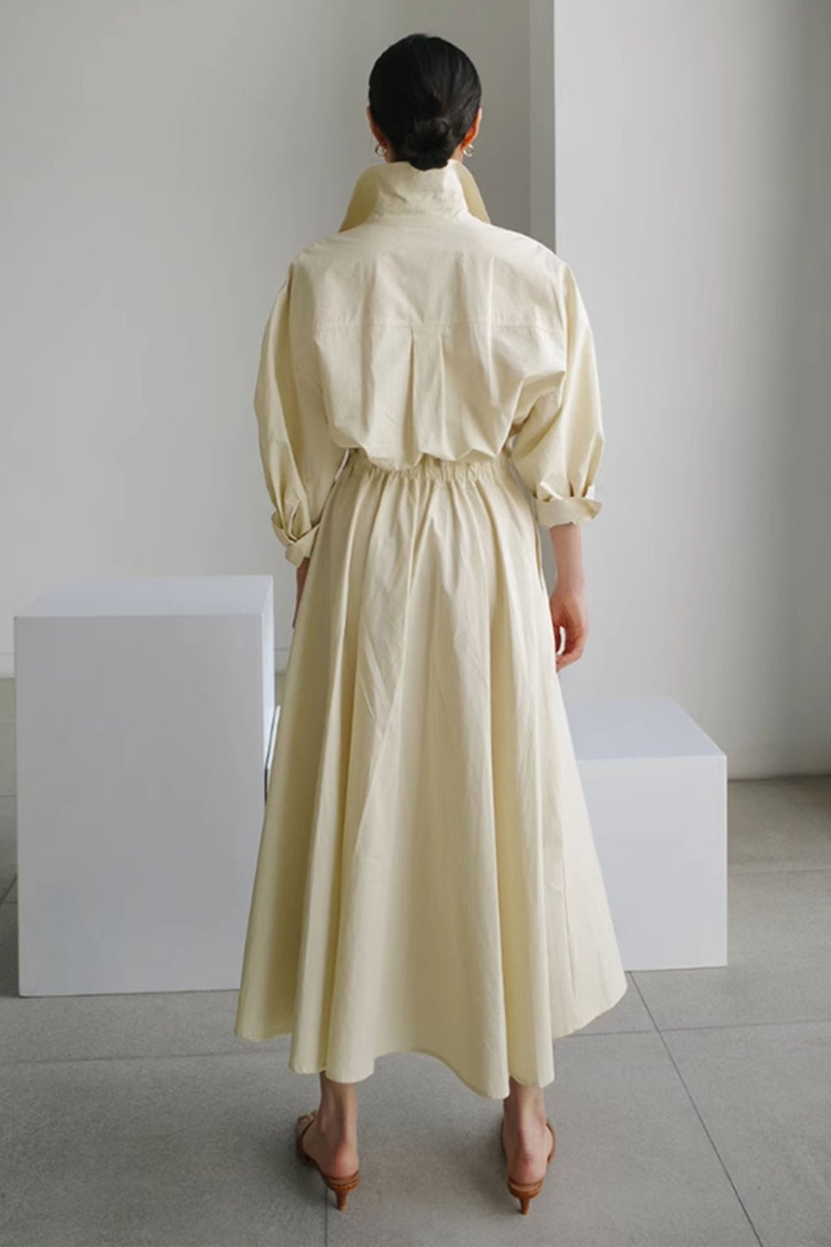 Cotton Long Sleeve A-Line Shirt Midi Dress