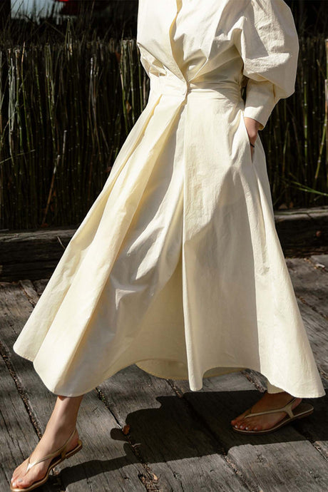 Cotton Long Sleeve A-Line Shirt Midi Dress