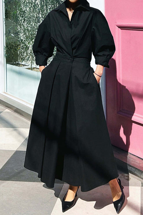 Cotton Long Sleeve A-Line Shirt Midi Dress