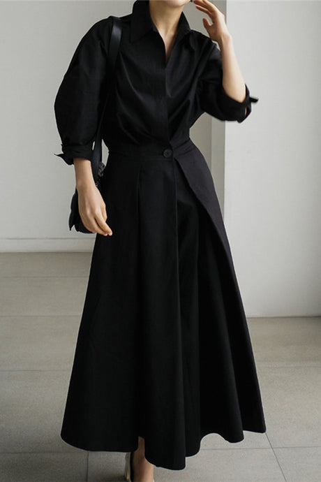 Cotton Long Sleeve A-Line Shirt Midi Dress