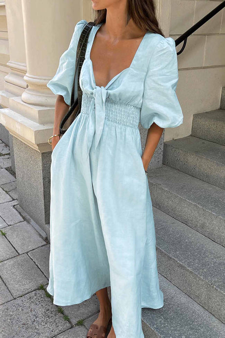 Solid Color Puff Sleeve Knot Midi Dress