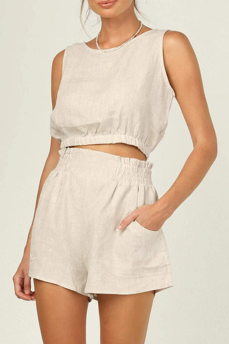 Solid Color Sleeveless Crop Top Shorts Set