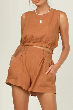 Solid Color Sleeveless Crop Top Shorts Set