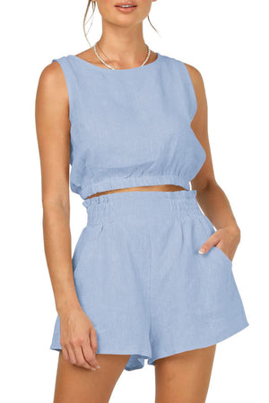 Solid Color Sleeveless Crop Top Shorts Set