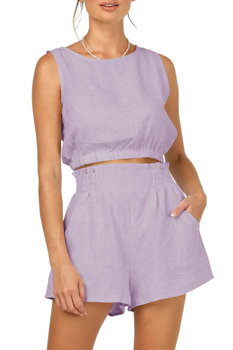 Solid Color Sleeveless Crop Top Shorts Set