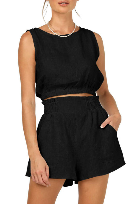 Solid Color Sleeveless Crop Top Shorts Set