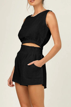 Solid Color Sleeveless Crop Top Shorts Set