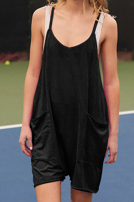Solid Color V Neck Pocket Cami Rompers