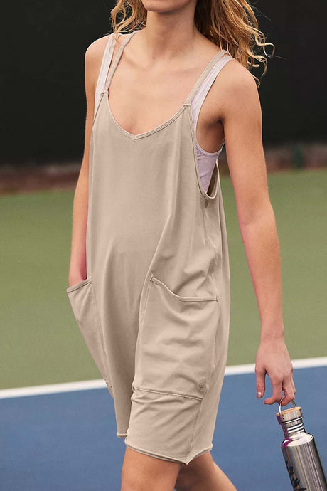 Solid Color V Neck Pocket Cami Rompers