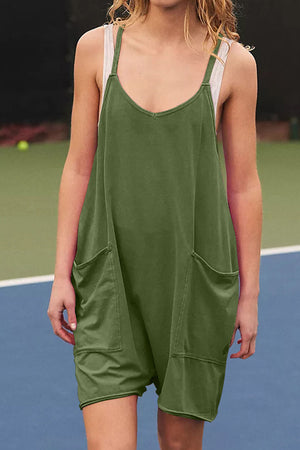 Solid Color V Neck Pocket Cami Rompers