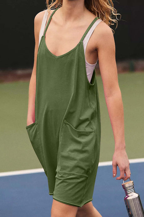 Solid Color V Neck Pocket Cami Rompers