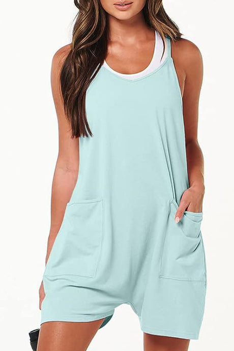 Solid Color V Neck Pocket Cami Rompers