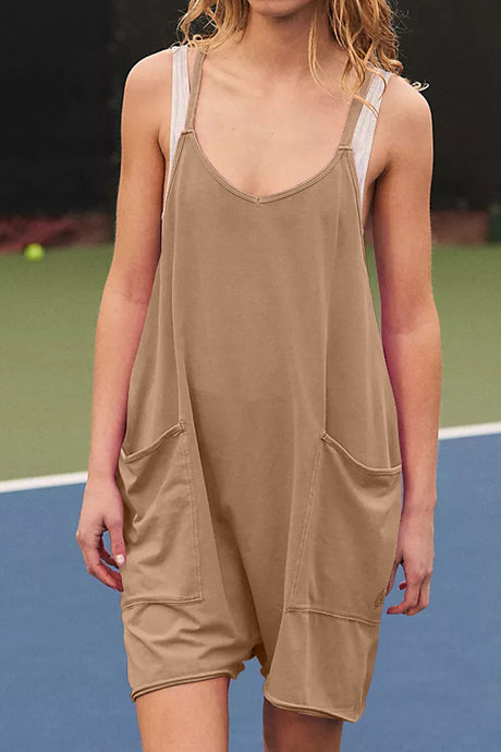 Solid Color V Neck Pocket Cami Rompers