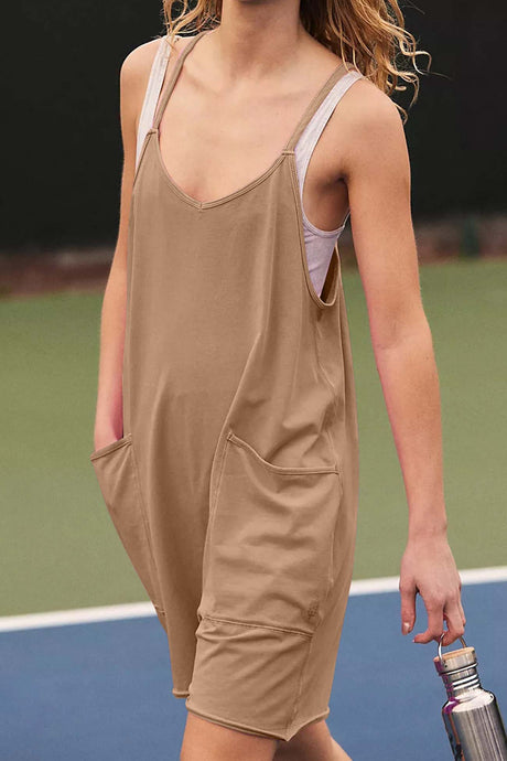Solid Color V Neck Pocket Cami Rompers