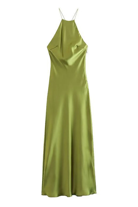 Solid Halterneck Satin Backless Dress