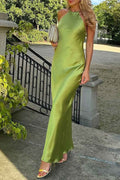 Solid Halterneck Satin Backless Dress