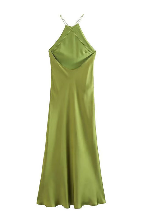 Solid Halterneck Satin Backless Dress