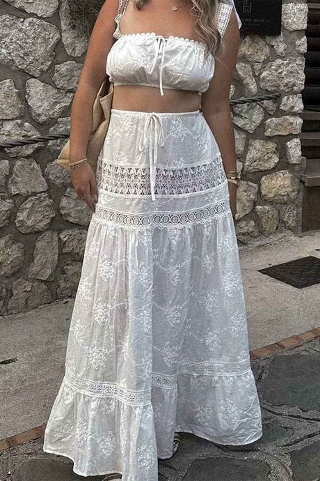 Arolora Solid Lace Crop Top Cutout Maxi Skirt Set