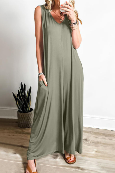 Solid V Neck Pocket Wide Leg Jumpsuits