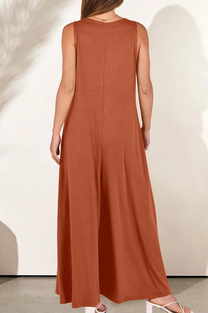 Solid V Neck Pocket Wide Leg Jumpsuits
