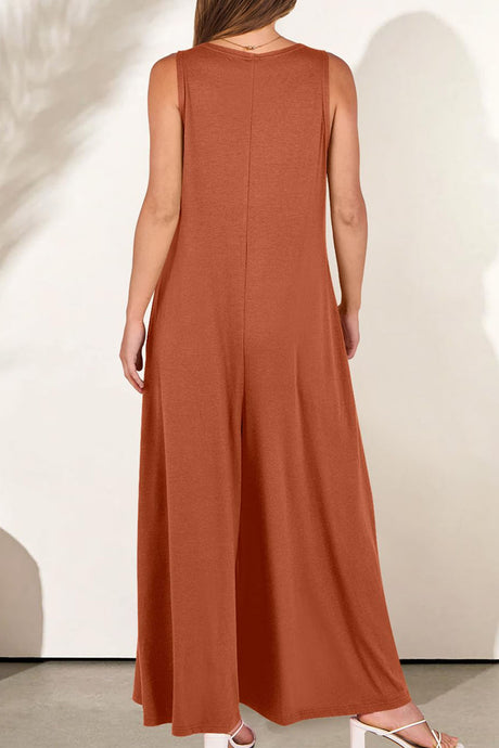 Solid V Neck Pocket Wide Leg Jumpsuits