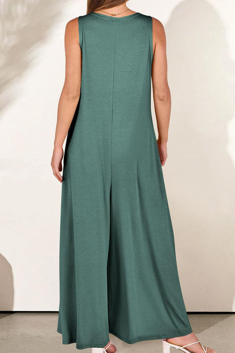 Solid V Neck Pocket Wide Leg Jumpsuits