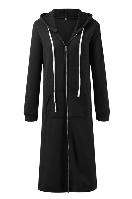 Solid Zip Up Drawstring Hooded Long Cardigan