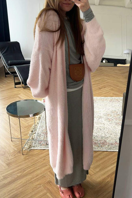 Solid Color Fuzzy Long Cardigan