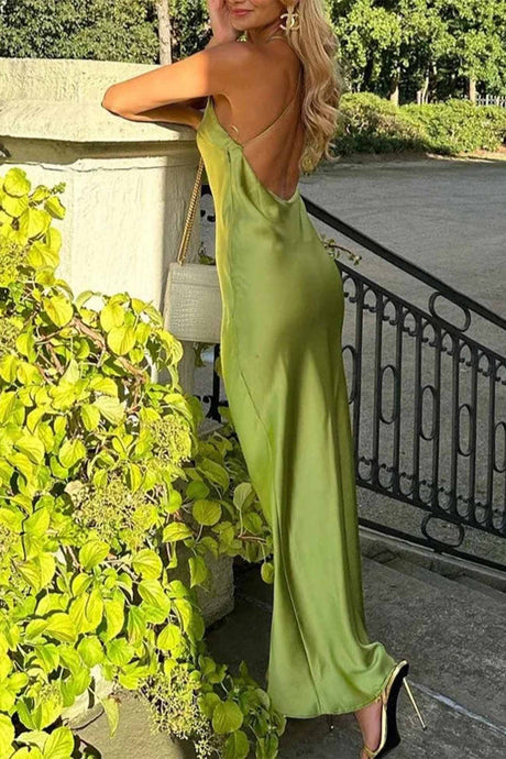 Solid Halterneck Satin Backless Dress
