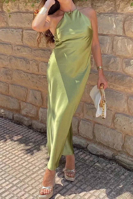 Solid Halterneck Satin Backless Dress