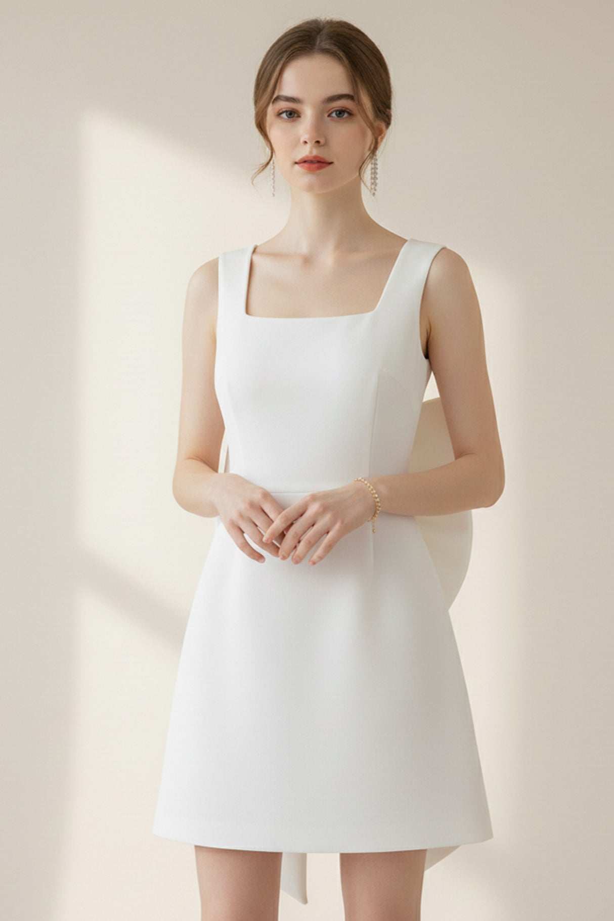 Square Neck Backless Bow Decor Evening Dress