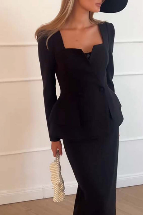 Square Neck Bubble Silhouette Top Midi Skirt Sets