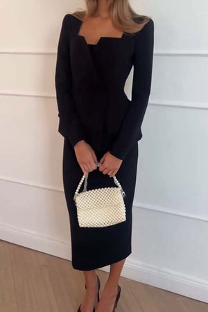 Square Neck Bubble Silhouette Top Midi Skirt Sets