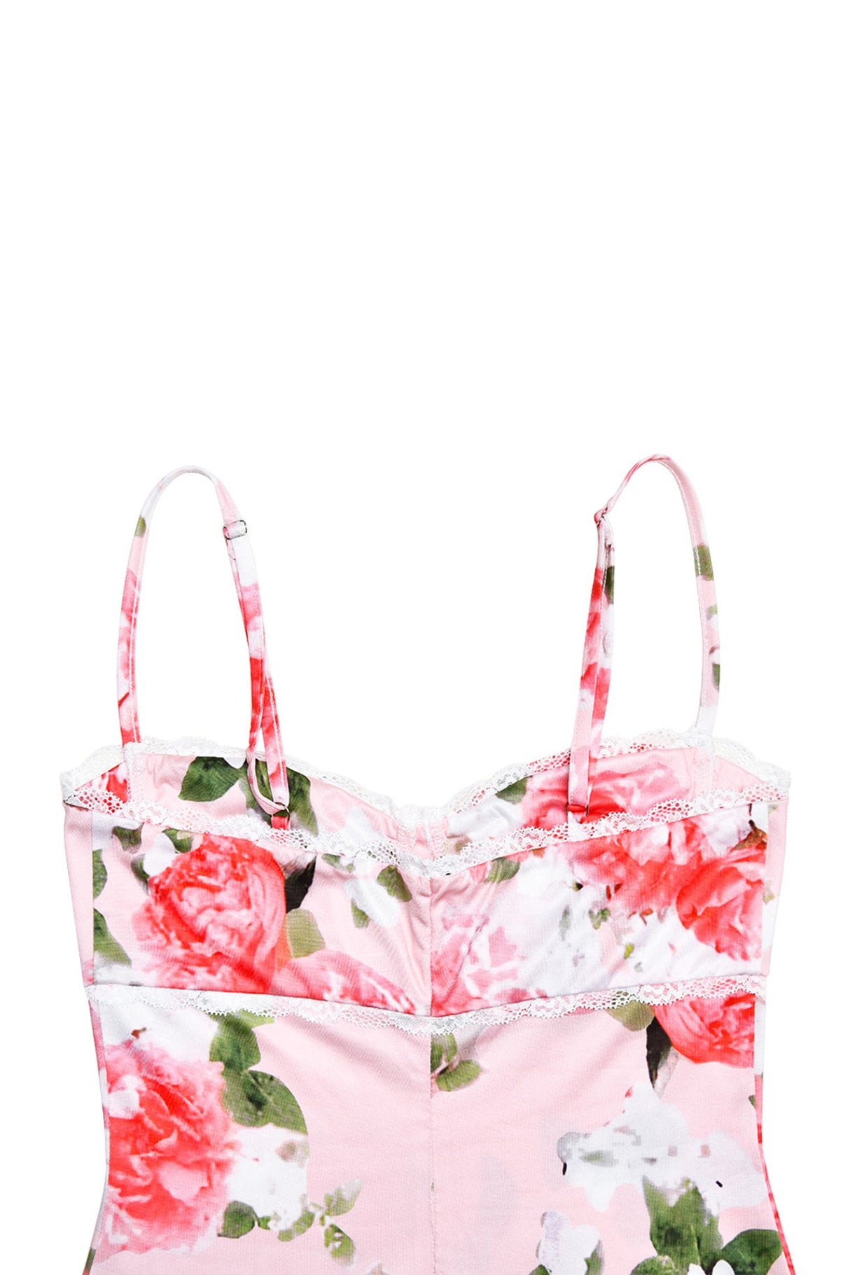 Arolora Pink Floral Print LaceWork Slit Cami Dress
